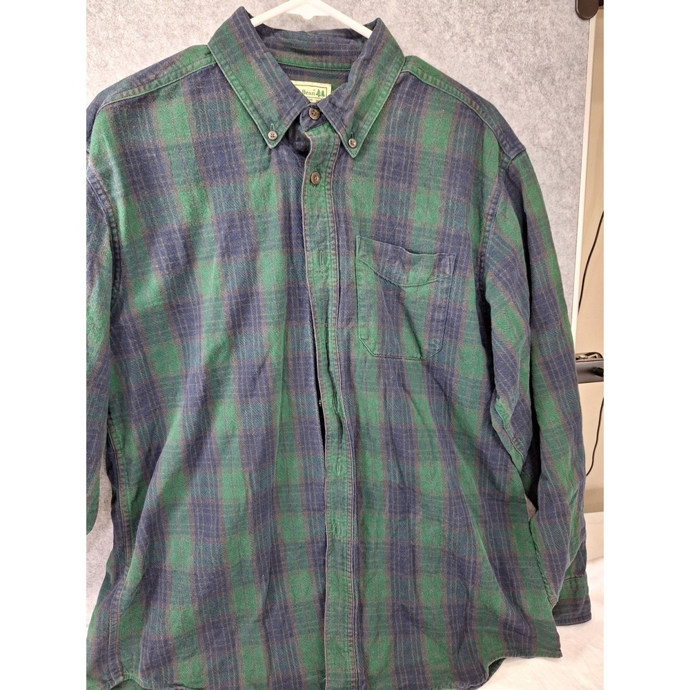 LL Bean Mens Green Blue Plaid Flannel Shirt Long Sleeve Button Down Large Reg
